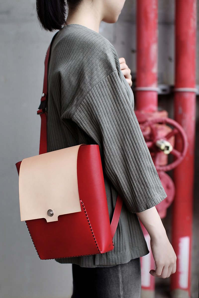 Nerdy Mini_DIY Leather Messenger Bag【Red & Natural】 - Messenger Bags & Sling Bags - Genuine Leather 