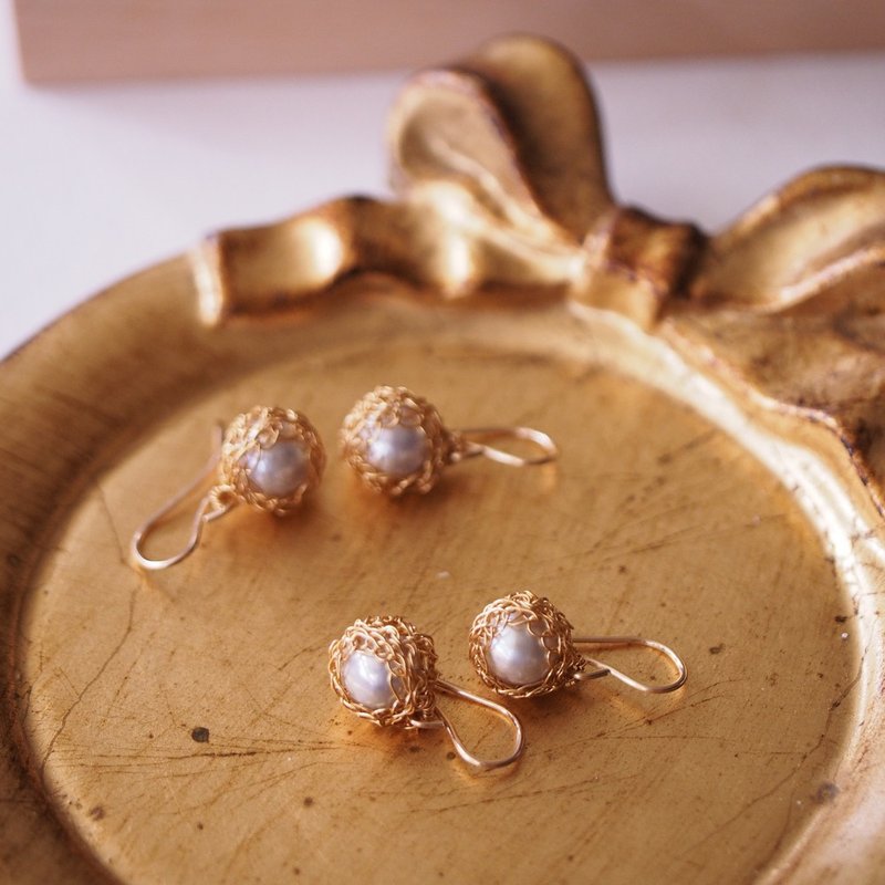獨家設計 手工勾織 海水珍珠耳環 14KGF Crochet Jewelry - 耳環/耳夾/耳骨夾 - 珍珠 銀色