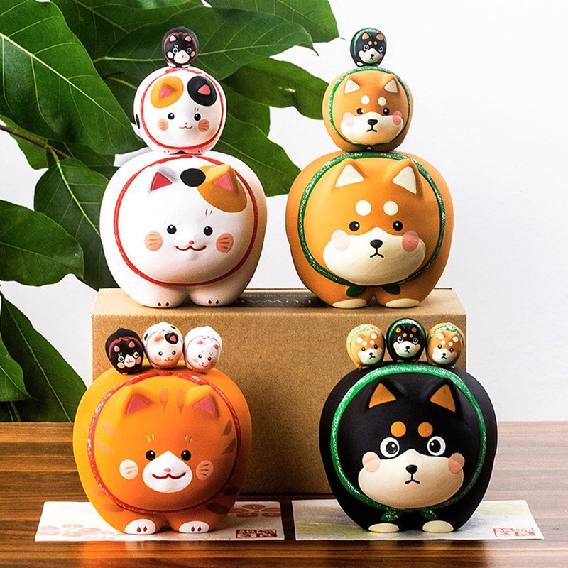 Japanese Kyoto dragon and tiger made cute cartoon ceramic Shiba Inu cat handmade decoration car desktop birthday gift - ของวางตกแต่ง - ดินเผา 