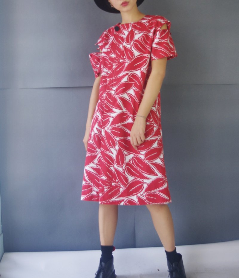 手作-紅葉印花落肩設計方領連身洋裝 - 洋裝/連身裙 - 棉．麻 紅色