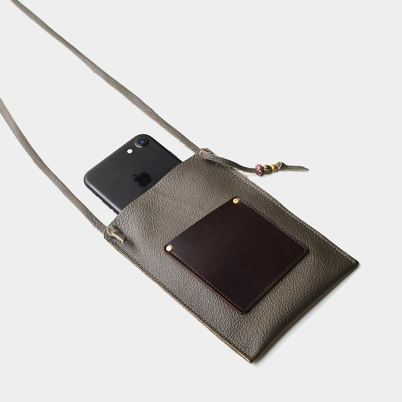 [Ali Hill on the phone booth] leather mobile phone bag hanging neck IPHONE6, 6s, 7 PLUS can put a leisure card, documents (gray green leather) - เคส/ซองมือถือ - หนังแท้ สีเขียว