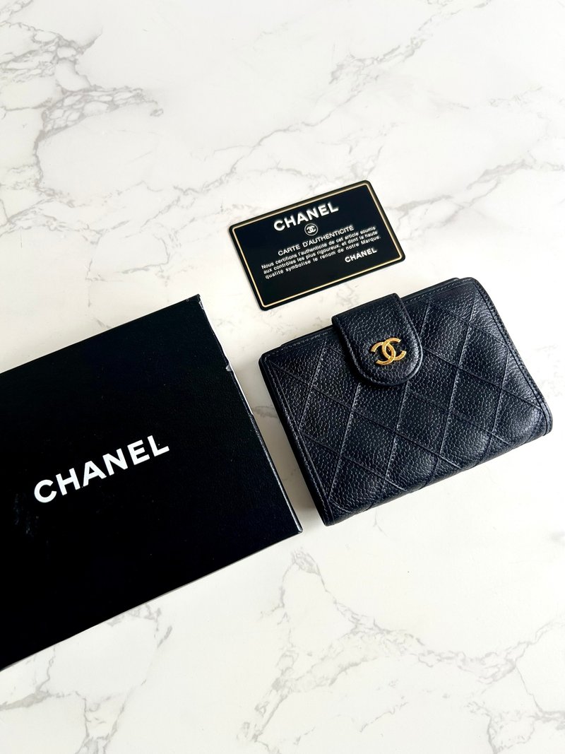中古Chanel黑色魚子醬皮革中夾 皮夾 錢包 短夾 二手包 小包 古董 - 錢包/皮夾/長短夾 - 真皮 黑色