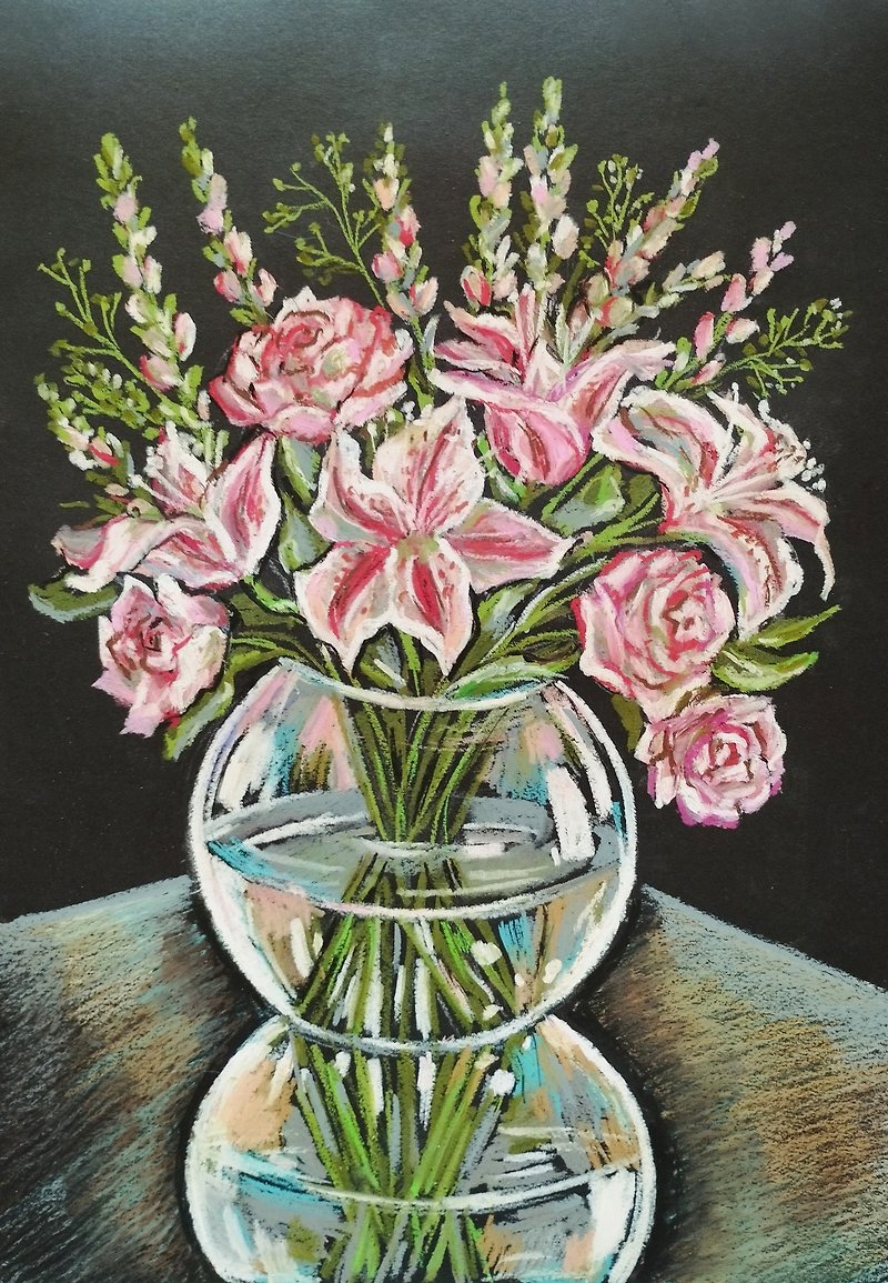 ユリとバラの花束 静物画 花 アート 絵画 オイルパステル - ウォールデコ・壁紙 - 紙 ピンク