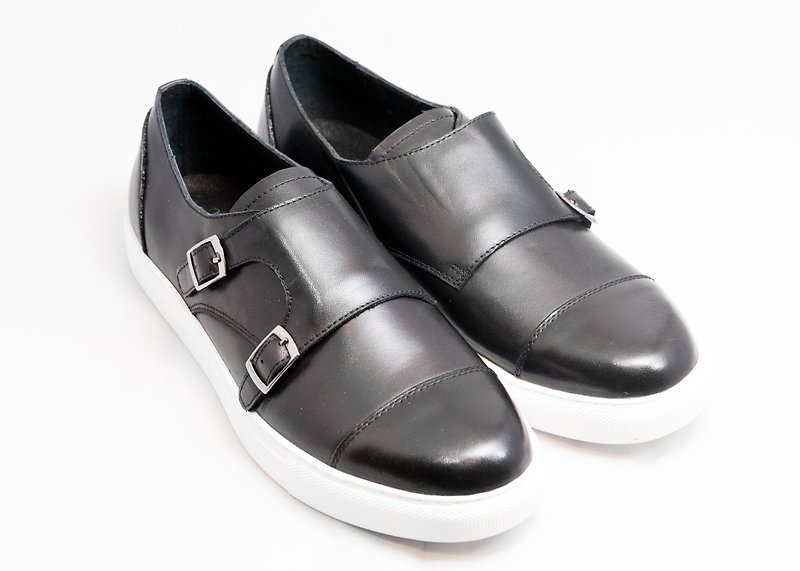 Hand-painted calfskin capeto casual monk shoes leather shoes men's shoes-black-E2B03-99 - รองเท้าอ็อกฟอร์ดผู้ชาย - หนังแท้ สีดำ