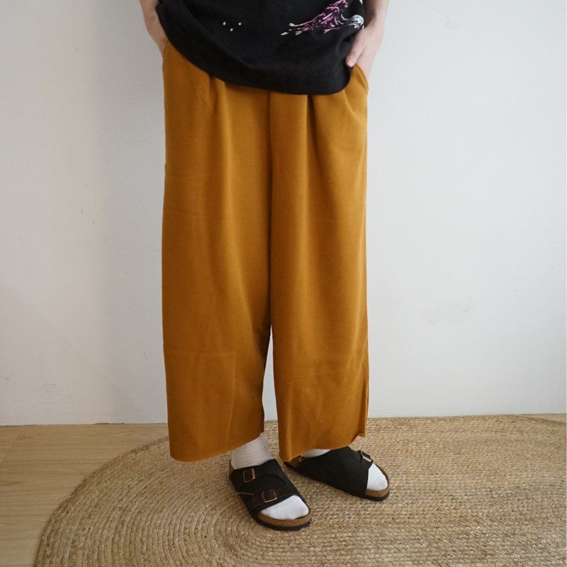 Heart Flower series brown pure cotton printed uncensored hem pocket wide trousers - กางเกงขายาว - ผ้าฝ้าย/ผ้าลินิน สีเขียว