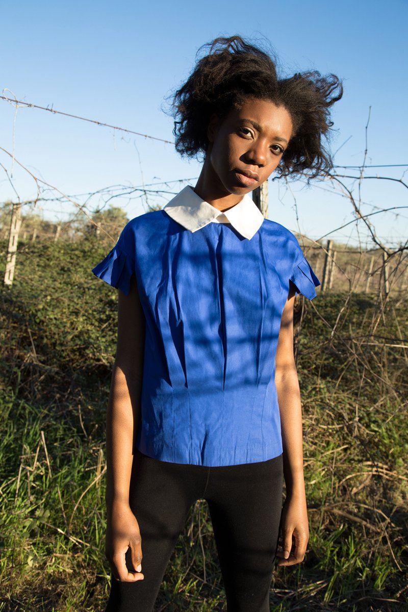 Blue “Twins” blouse - 女襯衫 - 棉．麻 藍色