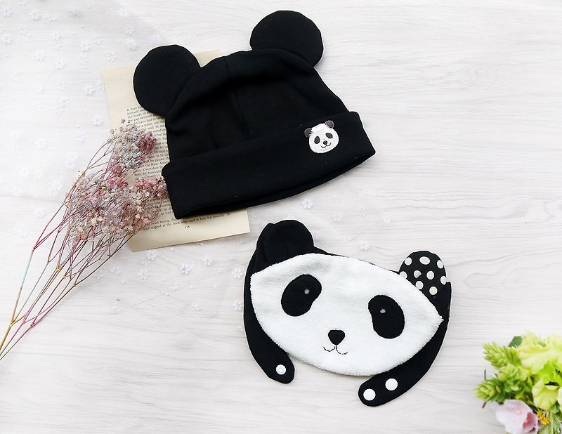 DOMOMO熊貓造型圍兜口水巾+寶寶帽  彌月禮盒 - 彌月禮盒 - 棉．麻 白色