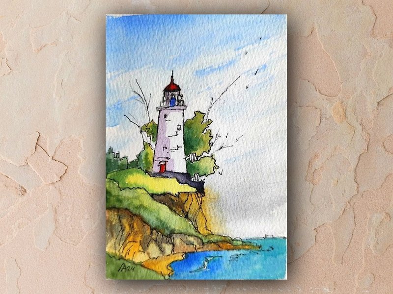 White Lighthouse painting original watercolor painting seascape art 10 by 15 cm - 海報/掛畫/掛布 - 紙 多色