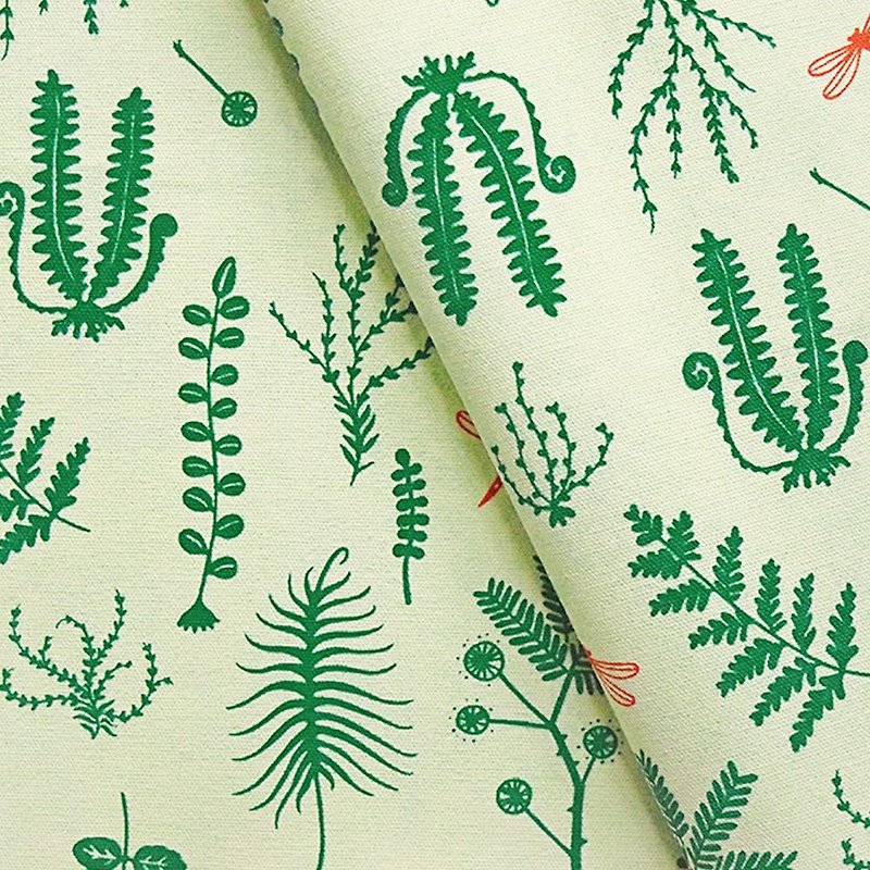 Hand-Printed Cotton Canvas - 250g/y / Weeds and Dragonfly / Salad Green - Knitting, Embroidery, Felted Wool & Sewing - Cotton & Hemp 