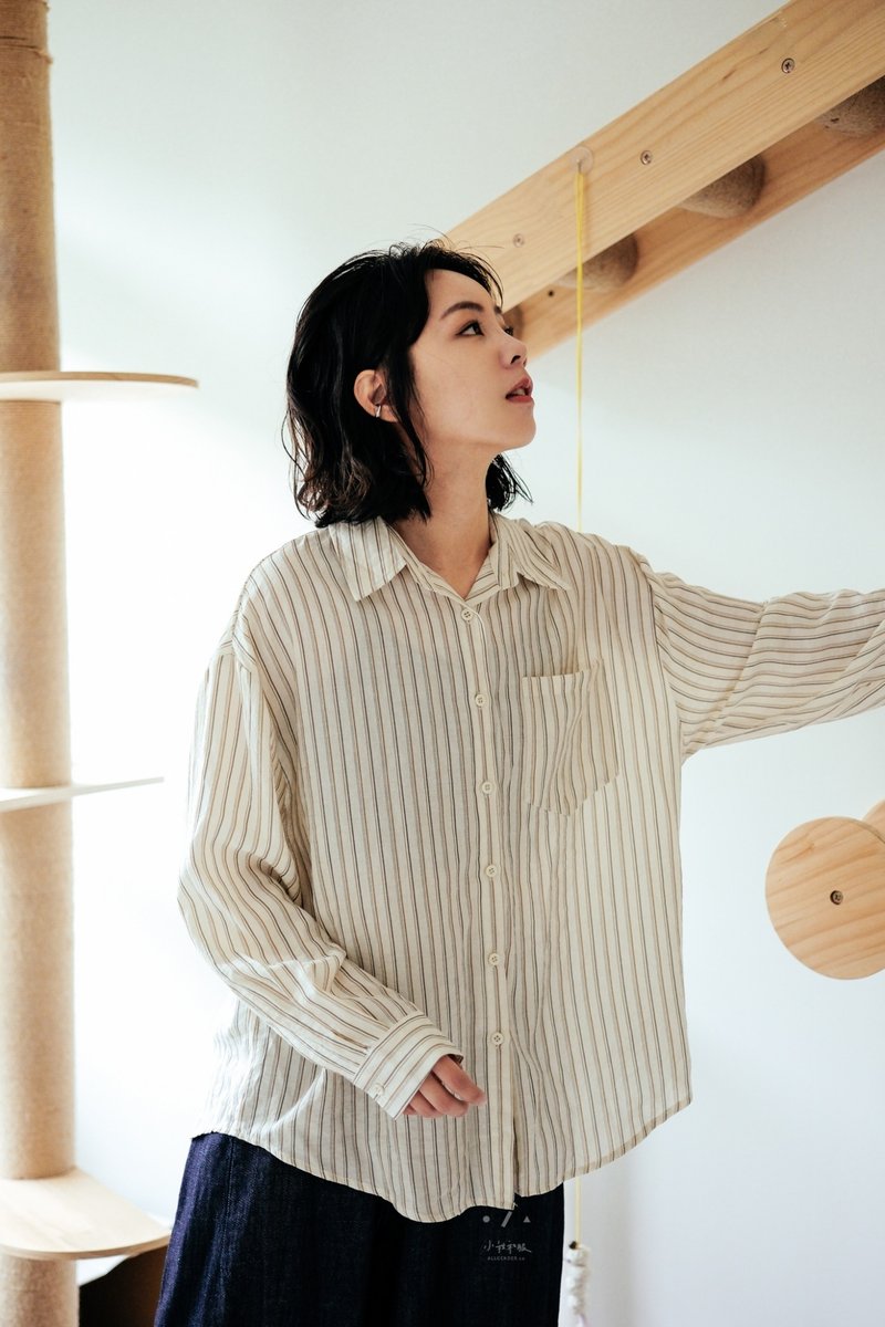 Hemp leaf thin line thin cool long-sleeved shirt - 2 colors - Hemp leaf light - เสื้อเชิ้ตผู้หญิง - ผ้าฝ้าย/ผ้าลินิน ขาว