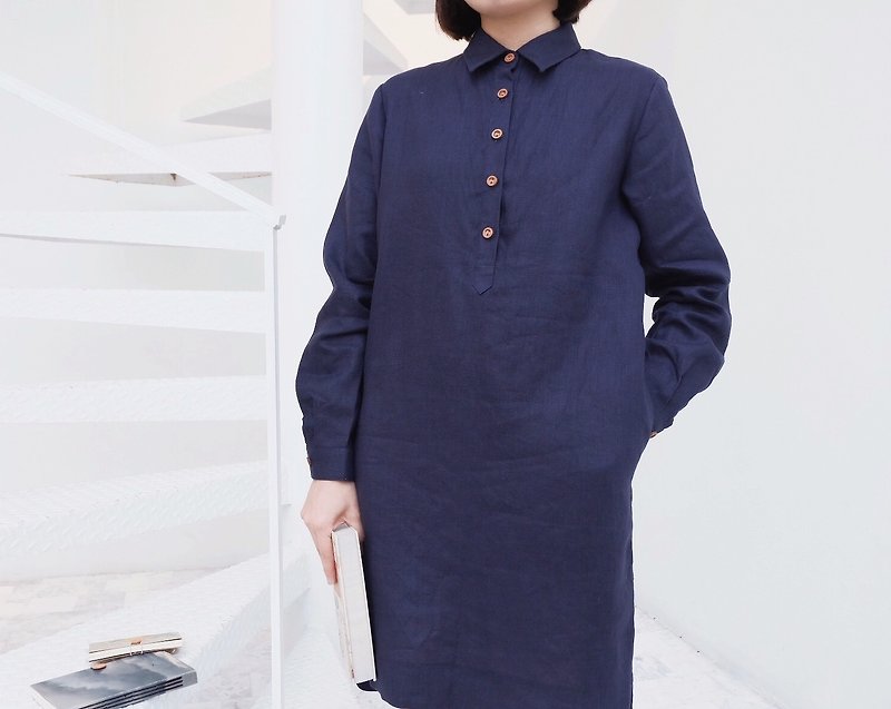 Polo Dress (Long-Sleeves) : Linen Navy - ชุดเดรส - ผ้าฝ้าย/ผ้าลินิน สีน้ำเงิน