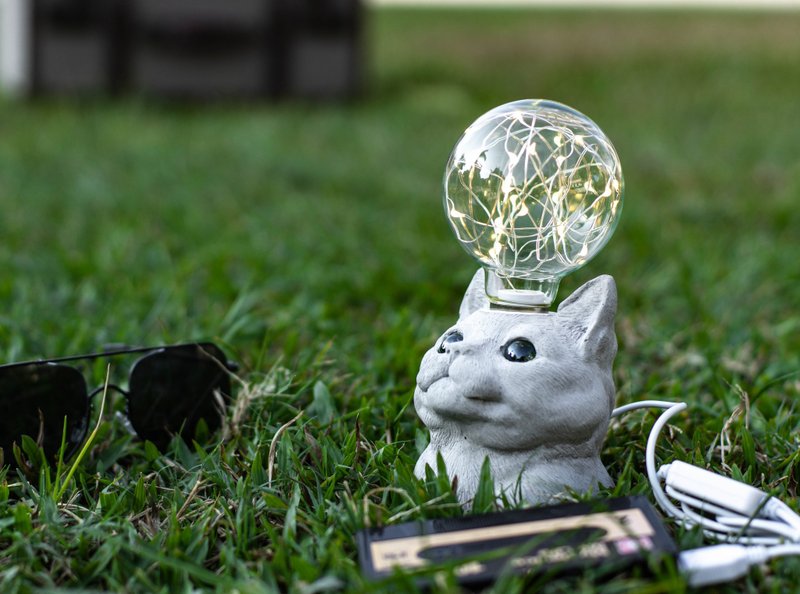 Shu MUSE looking up at cat Cement table lamp LED lamp tungsten bulb USB lamp ornaments cat hair child - โคมไฟ - ปูน สีเทา