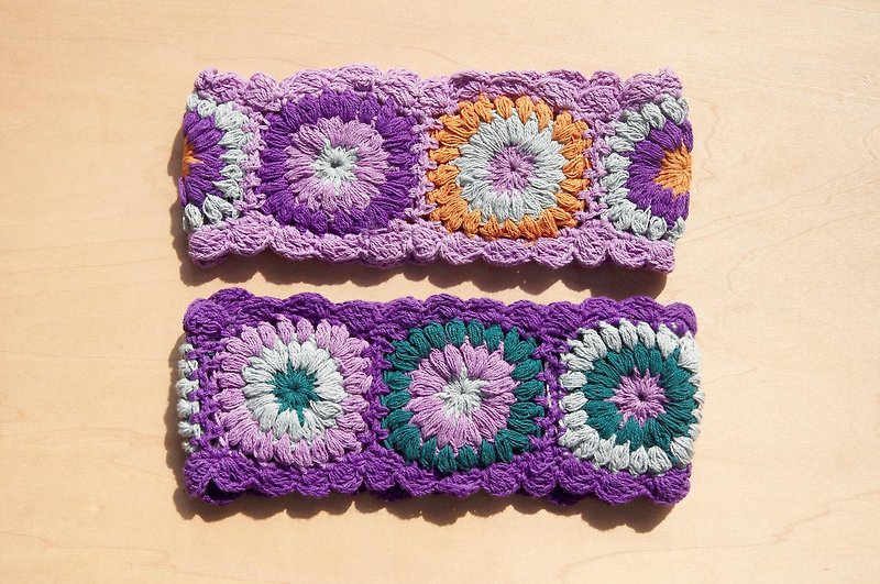 新年禮物 手工棉線編織髮帶 / 編織繽紛髮帶 - 紫色系鉤織繽紛花朵 ( 僅剩淺紫一件 ) - 髮飾 - 棉．麻 多色
