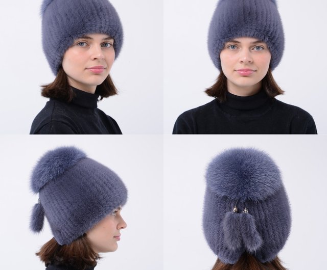 ミンクファーニット帽子 本物の毛皮のポンポン付き ファーキャップ - ショップ FurStyleUA 帽子 - Pinkoi
