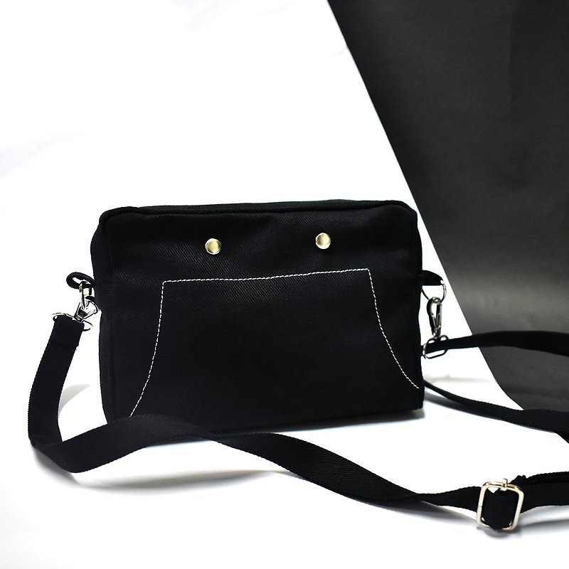 Small square bag side backpack 肩 shoulder bag - กระเป๋าแมสเซนเจอร์ - ผ้าฝ้าย/ผ้าลินิน สีดำ