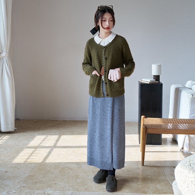 Gray straight knitted skirt | Skirt | Autumn style | Sora-1646 - กระโปรง - ขนแกะ สีเทา