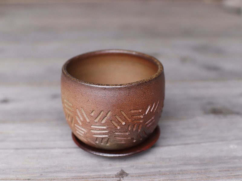 Bizen pottery (with saucer) u-024 - ตกแต่งต้นไม้ - ดินเผา สีนำ้ตาล