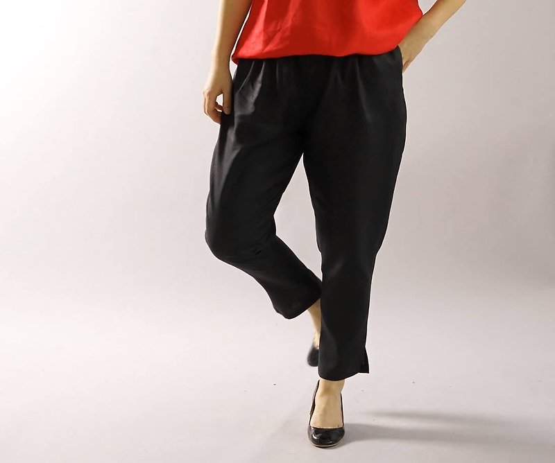 wafu   linen pants / elastic band / long length / tapered pants / black  bo1-47 - กางเกงขายาว - ผ้าฝ้าย/ผ้าลินิน สีดำ