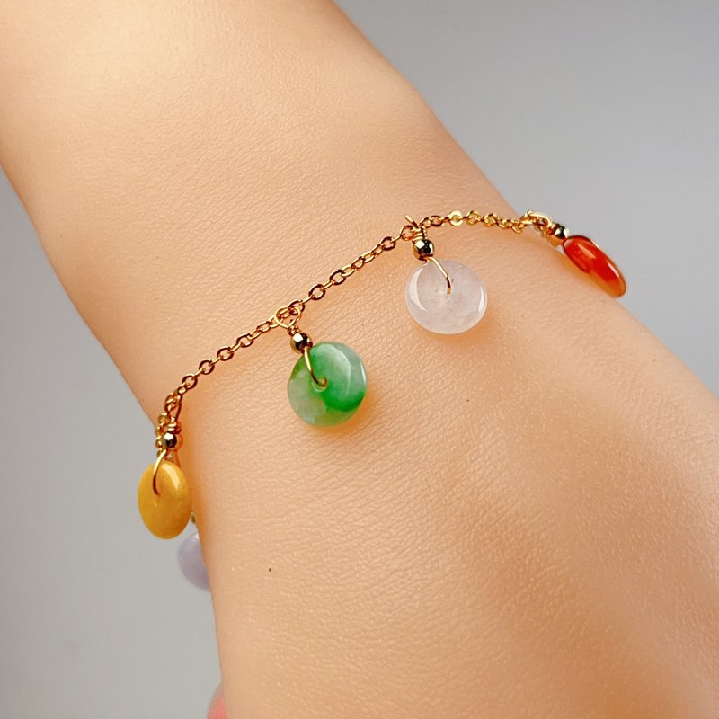 Ice colorful jadeite safety buckle bracelet 14K gold-filled | Natural Burmese jadeite A goods | Gift giving - Bracelets - Jade Multicolor