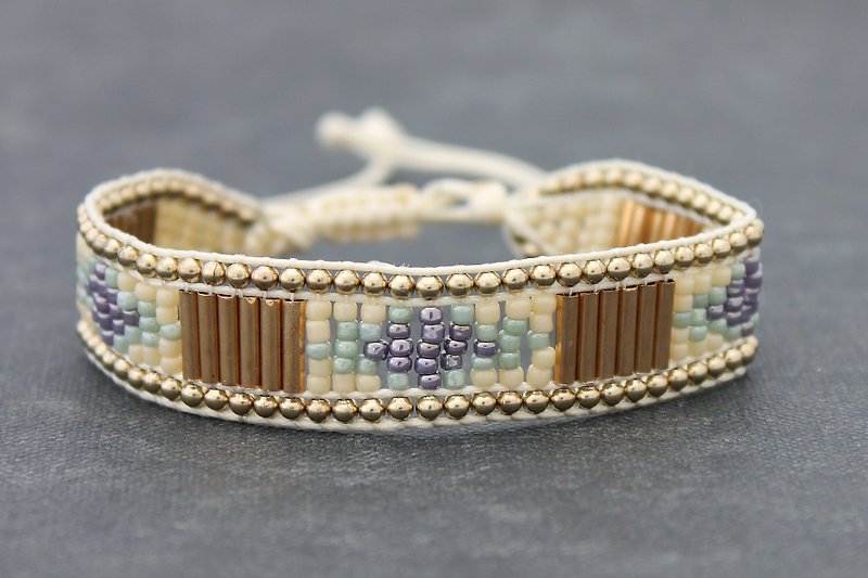 Seed Beads Friendship Bracelets Brass Beaded Braided Pastel Ivory Ethnic Pattern - Bracelets - Other Metals Khaki