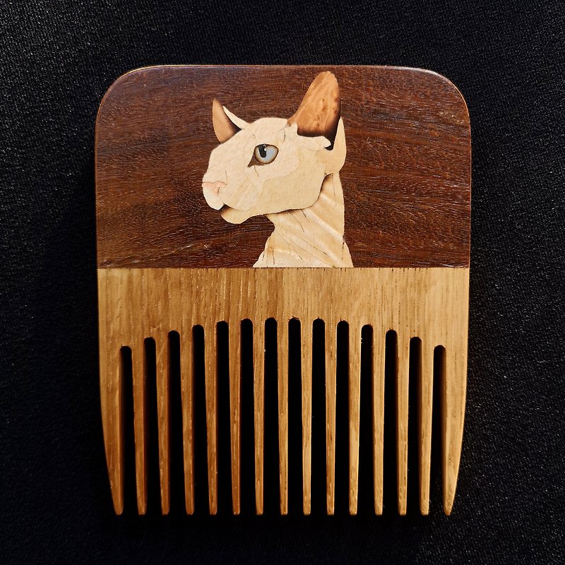 Wooden cat decor hair comb / handmade Sphynx animal decor mosaics inlay 木梳 兔子 - อื่นๆ - ไม้ สีทอง