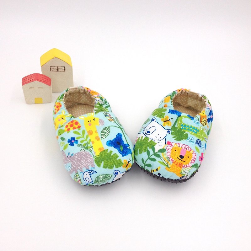 Animal tribe (light blue bottom) - toddler shoes / baby shoes / baby shoes + single buckle sling clip - Baby Shoes - Cotton & Hemp Multicolor