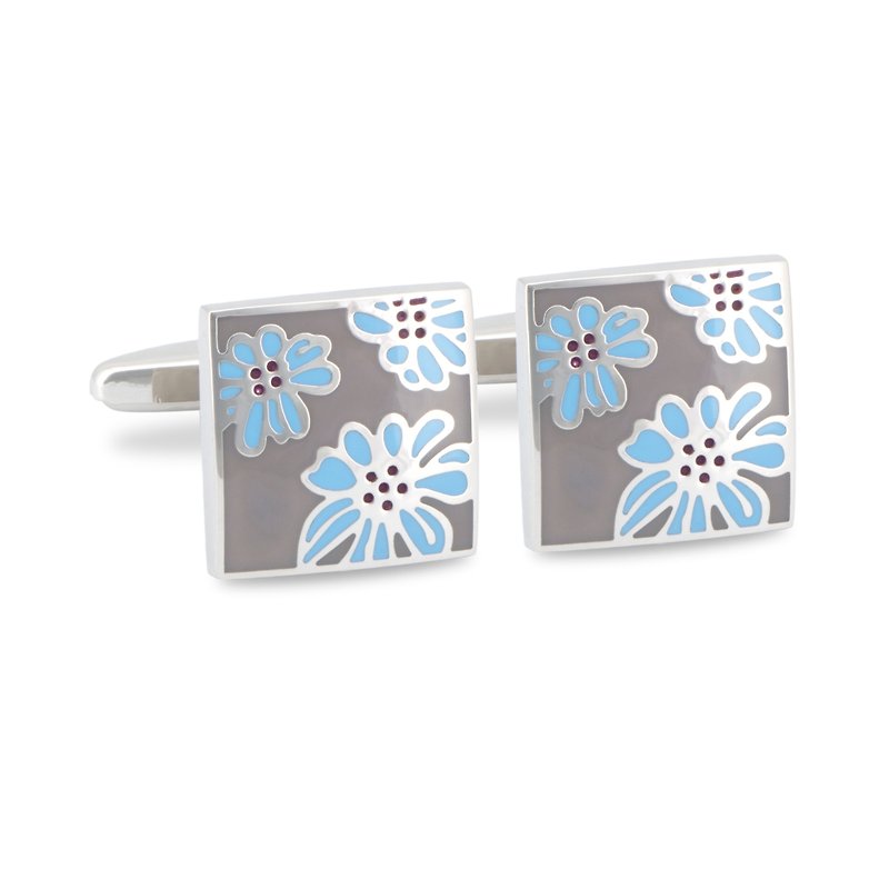 Light Beige Brown Enamel with Light Blue Floral designed Cufflinks - Cuff Links - Other Metals Khaki