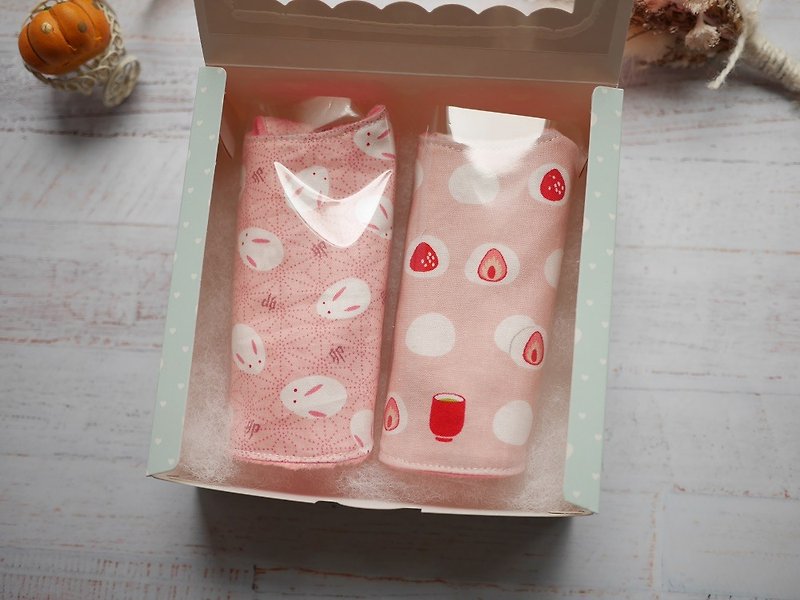 彌月禮盒 口水巾二入組 - 滿月禮物 - 棉．麻 粉紅色