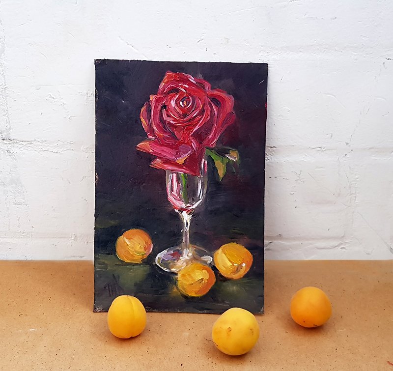 Red Rose Oil Painting Flower Original Artwork Fruits Hand Painting 油畫 - Wall Décor - Other Materials Red
