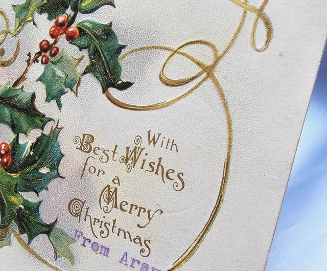 1906 エンボス加工ゴールドクリスマス ベル ヒイラギ