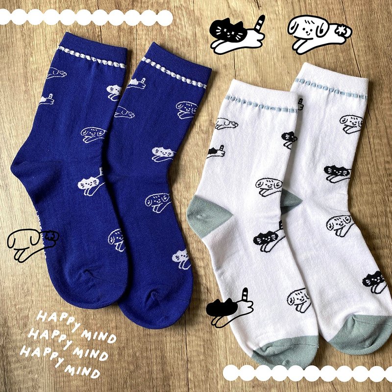 Jumping cat and dog white/blue iii sum+ × ChangeTone joint socks - Socks - Cotton & Hemp Blue