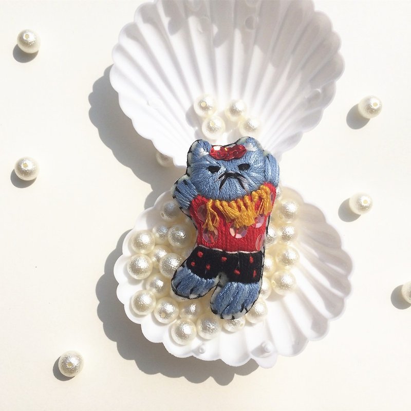 スポーツブルー猫刺繍ブローチパッケージペットカスタム - ブローチ - 刺しゅう糸 ブルー