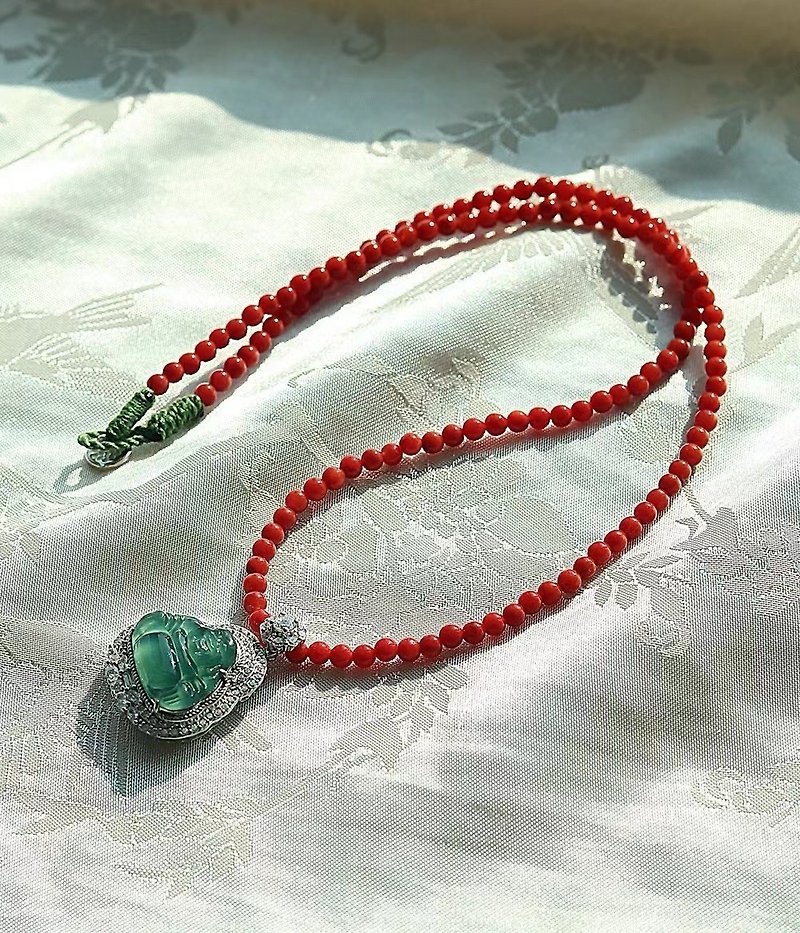 Natural A-grade Jade Buddha Pendant Southern Red Agate Clavicle Chain Necklace Jade Happy Buddha Silver Thick Inlay - Collar Necklaces - Crystal 