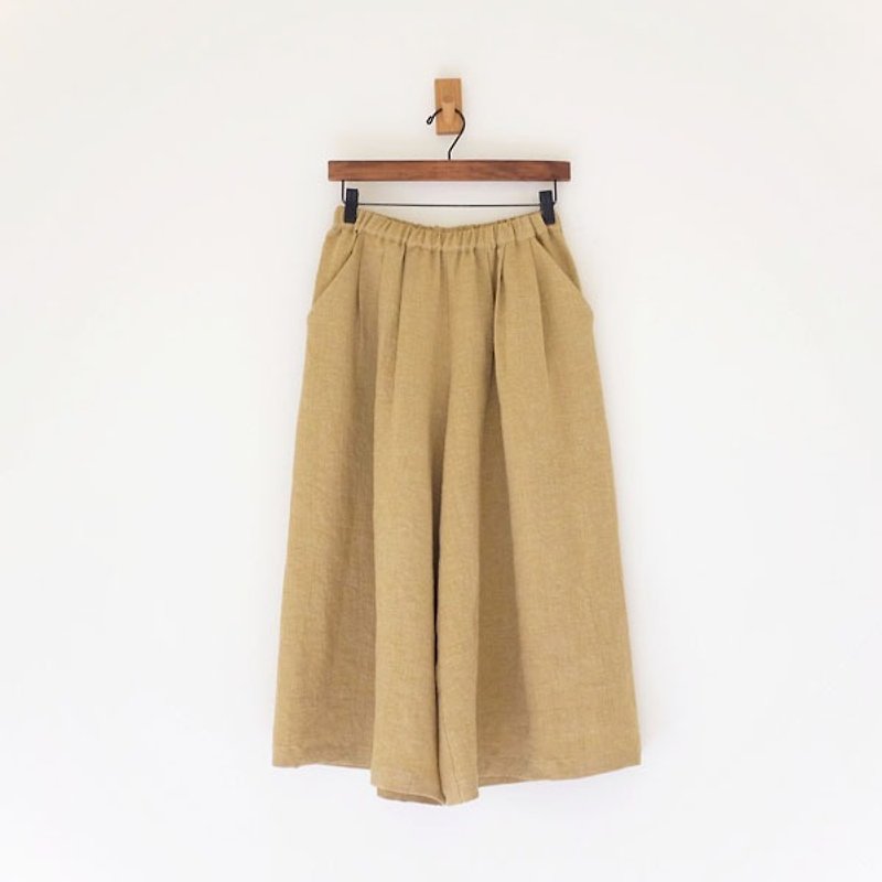 Daily hand service. Mountain mustard pleated wide pants skirts, linen wool - กางเกงขายาว - ผ้าฝ้าย/ผ้าลินิน สีทอง