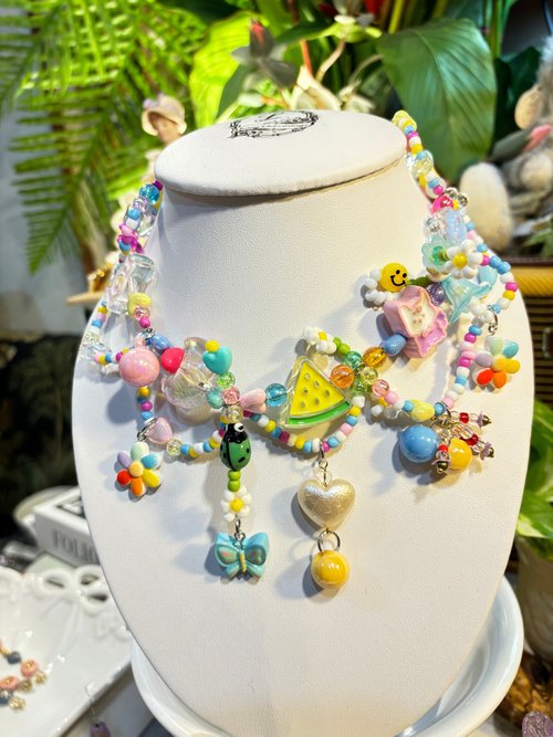 リョウコ　ハンドメイド ビーズネックレス ハンドメイド丸モチーフビーズネックレス シルバーホワイト