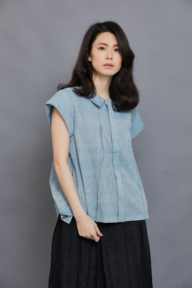 triangle pleats top - short sleeve-mint-fair trade - เสื้อเชิ้ตผู้หญิง - ผ้าฝ้าย/ผ้าลินิน สีน้ำเงิน