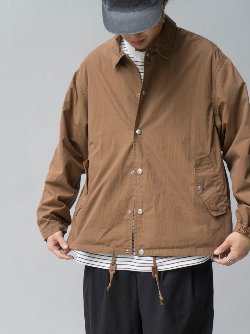 Jacket 戶外防撕裂格紋面料 復古日系寬鬆翻領工裝外套教練夾克 - 男夾克/外套 - 棉．麻 卡其色