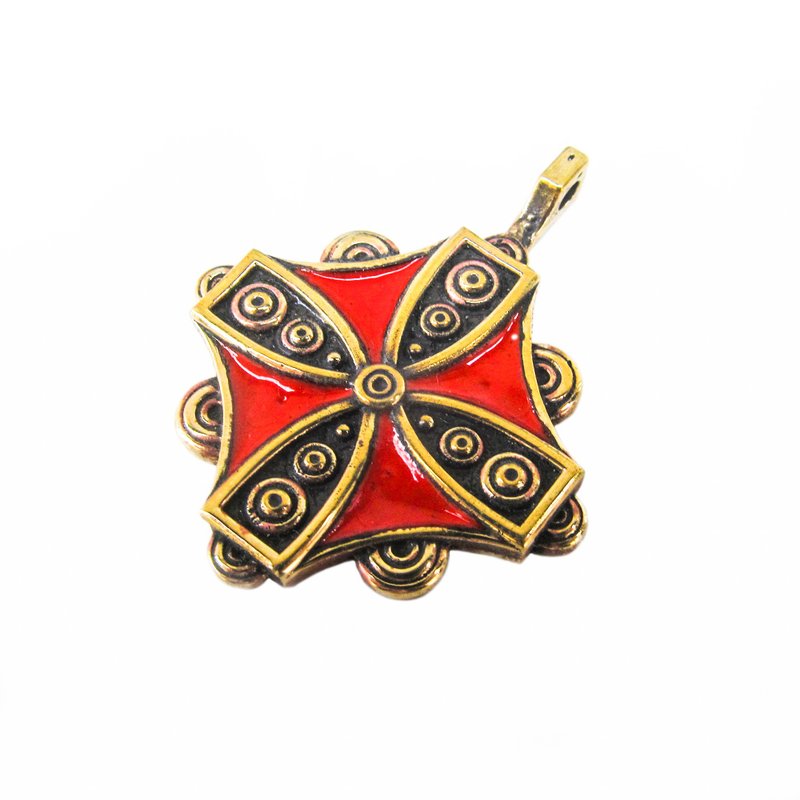 Red enamelled Maltese cross necklace pendant,octagonal knightly brass cross - 吊飾/掛飾 - 銅/黃銅 紅色