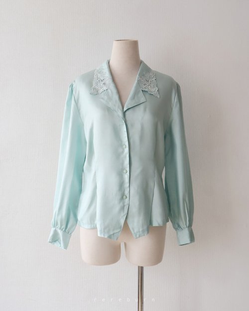 REreburn 日本製復古刺繡領仿緞面長袖藍綠色古著襯衫