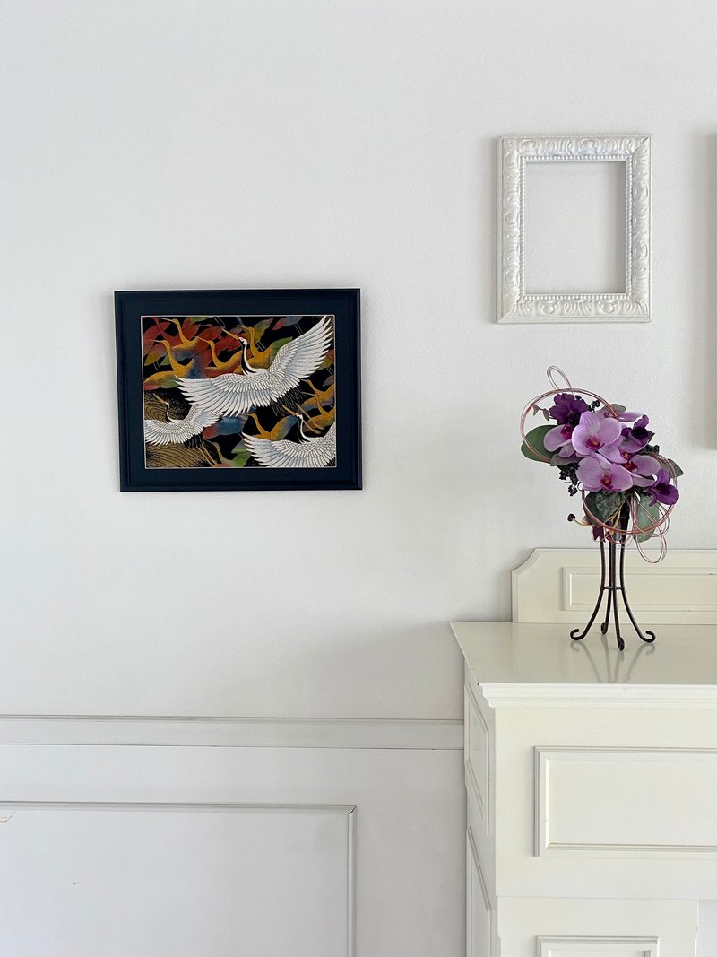 色打掛からつくるきものアート 刺繍着物 和モダン 和風インテリア 鶴 プレゼント 結婚祝 新築祝 長寿祝 縁起物 額装インテリア　044 - ウォールデコ・壁紙 - シルク・絹 ブラック