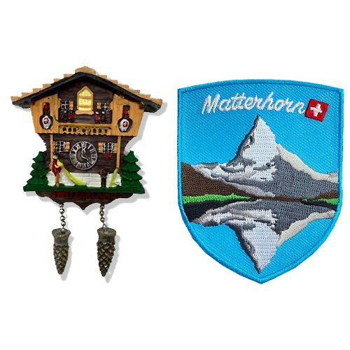 A-ONE 瑞士吹笛咕咕鐘旅遊磁鐵+瑞士 馬特洪峰 (湖倒影造型)刺繡裝飾貼