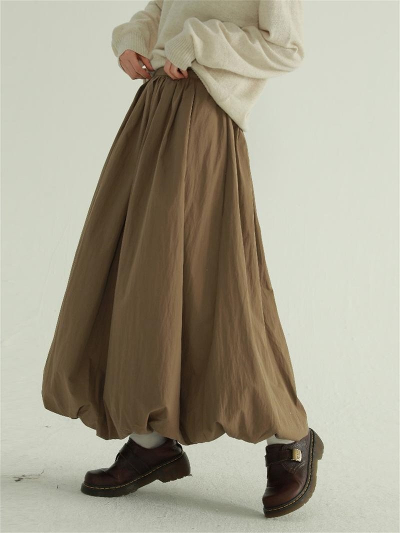 Khaki Brown puffy skirt Japanese style age-reducing temperament bud skirt high waist long skirt - กระโปรง - ผ้าฝ้าย/ผ้าลินิน สีนำ้ตาล