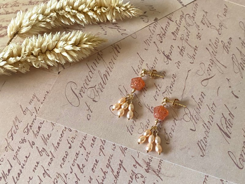 Sunstone Stone Natural Stone Short Tassel Meteor Lucky Star American Gold 14KGF Earrings - Earrings & Clip-ons - Crystal Orange