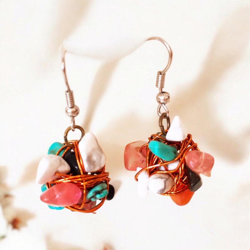 Handcrafted Wire Ball Wrapped Gemstone Dangle Earrings, Orange - 耳環/耳夾/耳骨夾 - 貴金屬 橘色