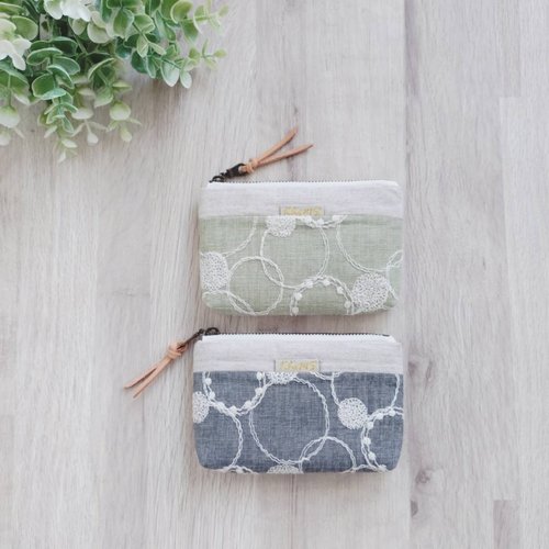 KKiMS 【FWL/四層小錢包】日本刺繡 點線圓 綠 灰 日本刺子布 法國金蔥