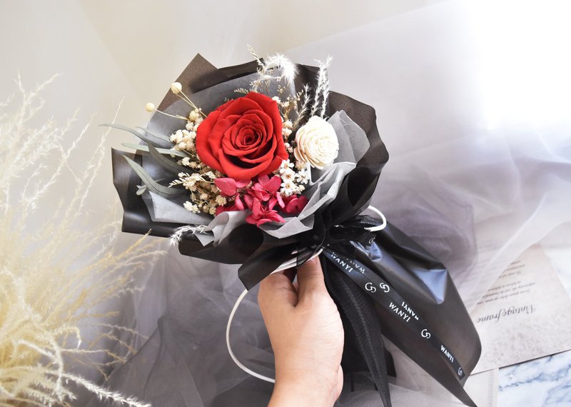 一朵玫瑰韓風提袋花束 客製 永生花 情人節 婚禮 送禮 乾燥花聖誕 - 乾燥花/永生花 - 植物．花 粉紅色