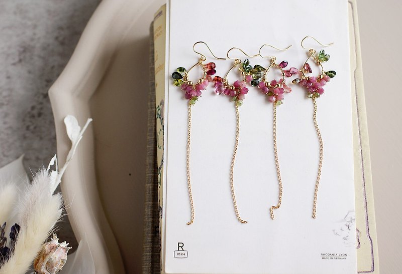 14kgf- flower lover tourmaline earrings - Earrings & Clip-ons - Semi-Precious Stones Pink