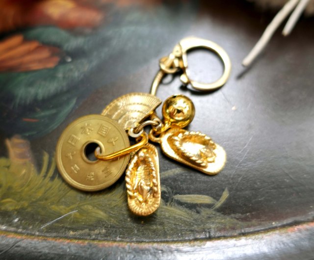 日本製中古金草履5円鈴扇子ペンダントキーホルダー高級中古