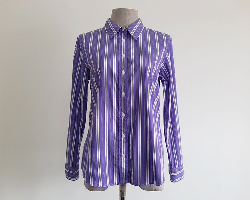 RALPH LAUREN Vintage Purple White Striped Shirt - เสื้อผู้หญิง - ผ้าฝ้าย/ผ้าลินิน สีม่วง