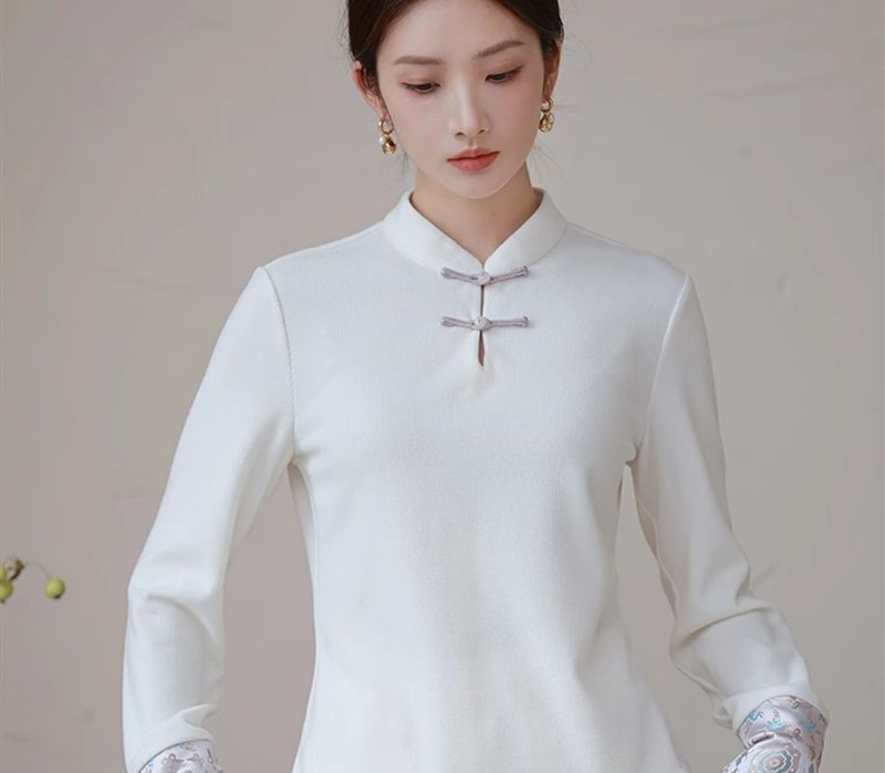 新中式中國風 內搭撞色袖口上衣 - 女上衣/長袖上衣 - 絲．絹 白色